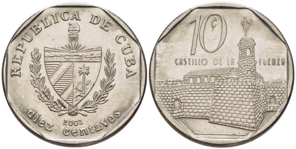 Куба 10 сентаво 2002 форт в Гаване Ла-Фуэрса KM 576.2 сталь плакированная никелем 66-712