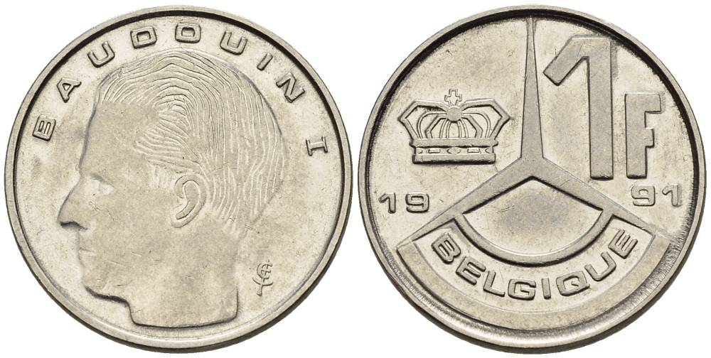 БЕЛЬГИЯ 1 ФРАНК 1991 BELGIQUE KM 170 сталь плакированная никелем 4528-1041