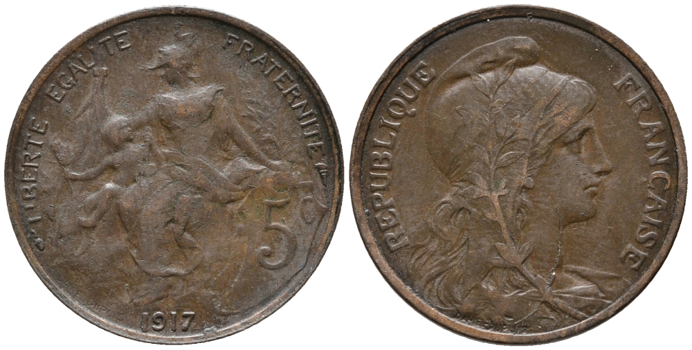 ФРАНЦИЯ 5 САНТИМОВ 1917 ТИП ДАНИЭЛЬ ДЮПЮИ KM 842, LE FRANC 119.30 бронза 67-124