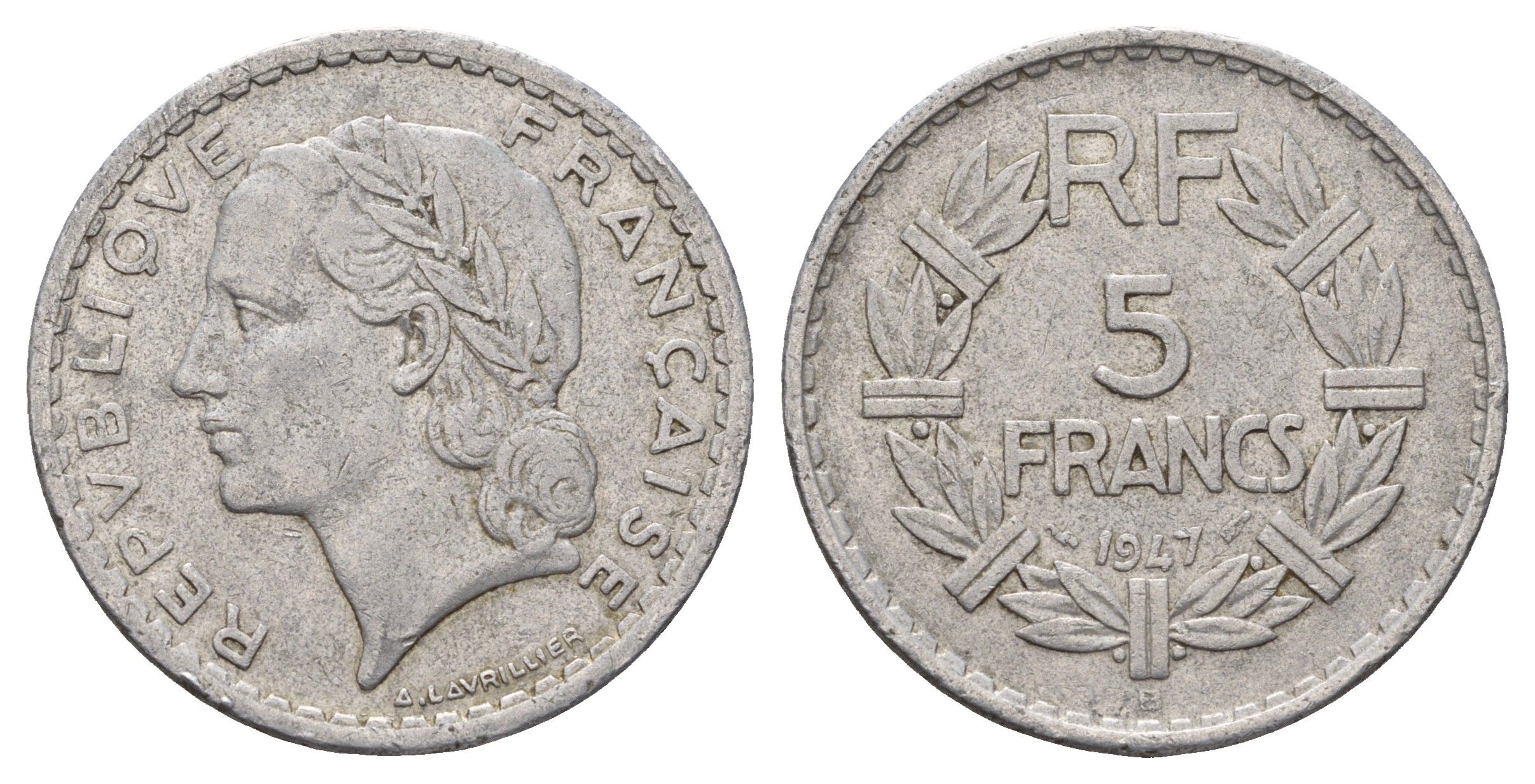 Франция 5 франков 1947 B KM 888b.2, Le Franc 339.12 алюминий 4634-645