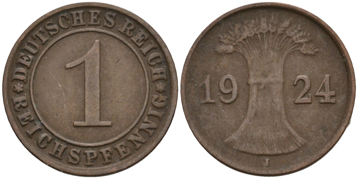 Германия 1 рейхспфенниг 1924 J KM 37, J. 313 бронза 4516-335