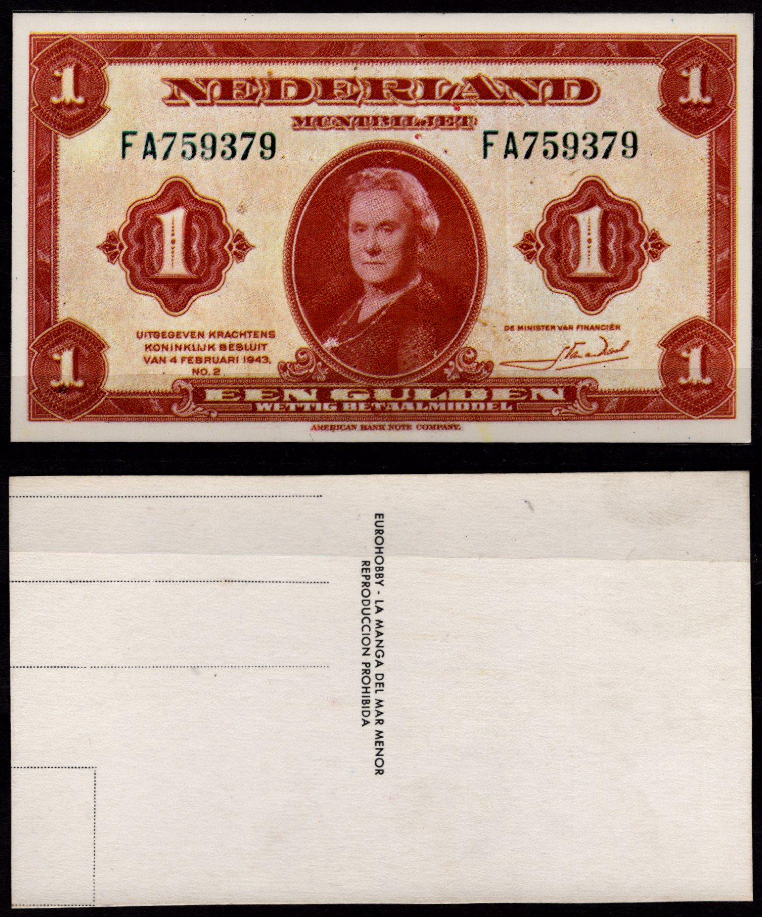 Нидерланды 1 гульден ND (1943) открытка тип Pick 64 картон 8708-2