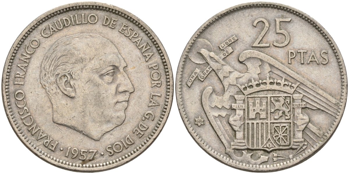 Испания 25 песет 1957 (68) Франсиско Франко (1939 - 1975) KM 787 медно-никель 4149-1026