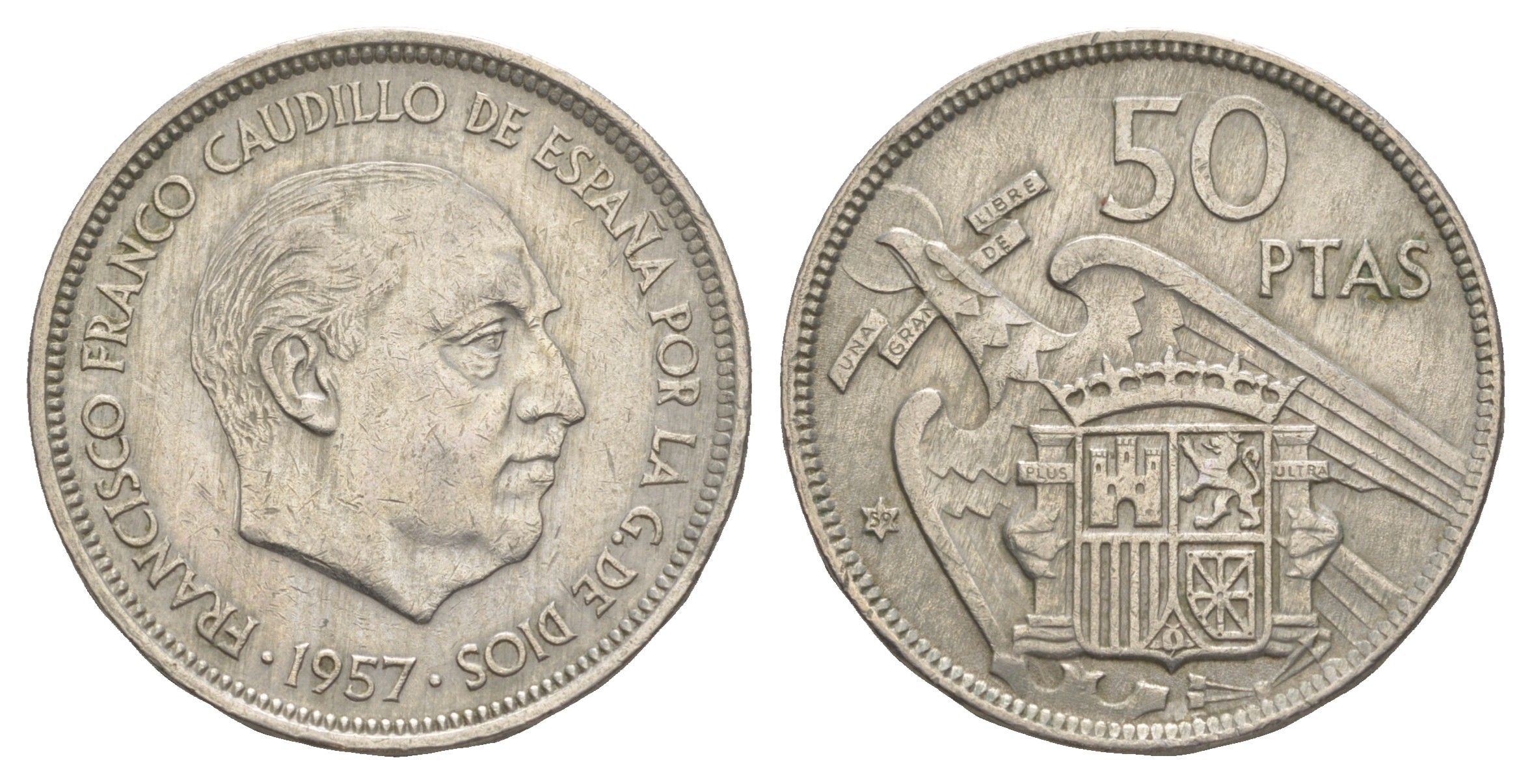 Испания 50 песет 1957 (59) Франсиско Франко (1939-1975) KM 788 медно-никель 4385-316