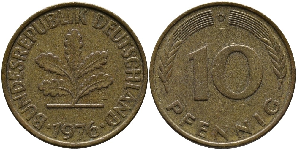 ФРГ 10 ПФЕННИГОВ 1976 D KM 108, J.383 сталь плакированная латунью 33-132