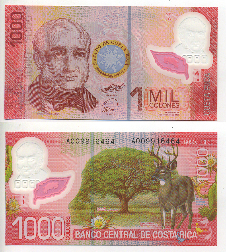 Коста-Рика 1000 колонов 2009 Браулио Каррильо Колина, дерево Гуанакаста, белохвостый олень Pick 274 a пластик UNC (пресс) 6283-39-1