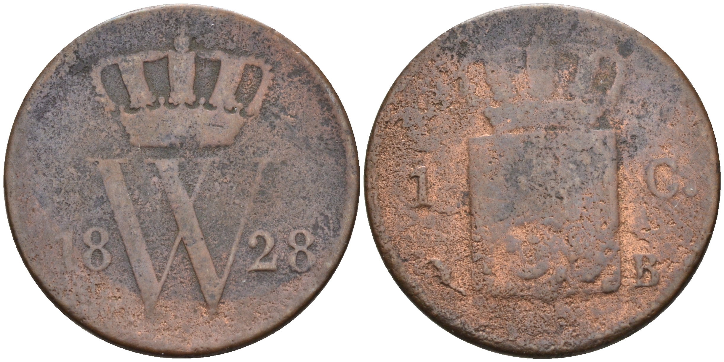 Нидерланды 1 цент 1828 B, Виллем I KM 47 медь    4595-325