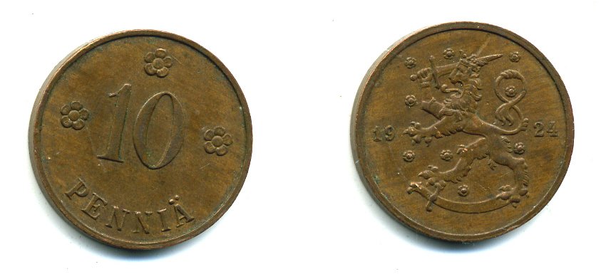 Финляндия 10 пенни 1924 республика (1918-1962) KM 24 медь 46-2121
