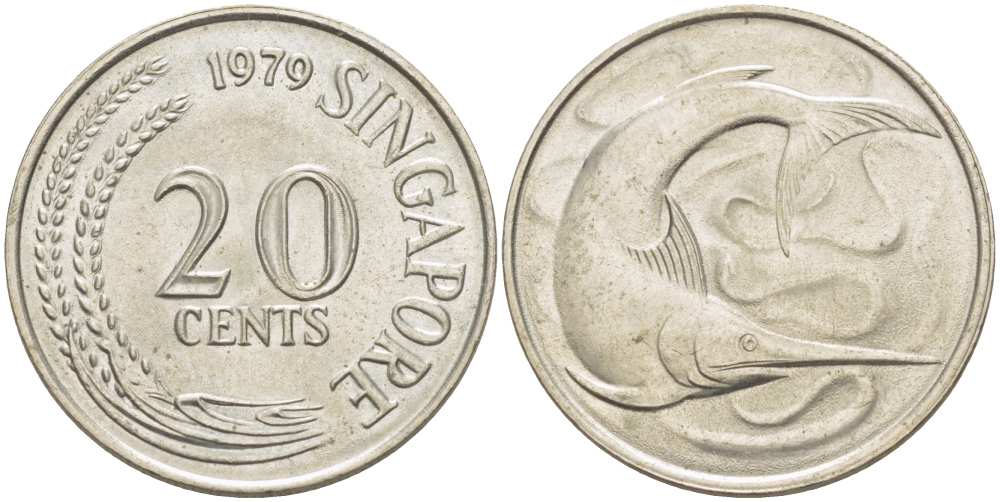 СИНГАПУР 20 ЦЕНТОВ 1979 ГОЛУБОЙ МАРЛИН, ТУНЕЦ KM 4 медно-никель UNC 210-1033
