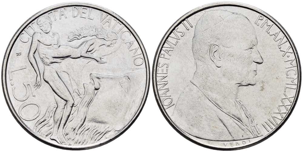 ВАТИКАН 50 ЛИР 1988 ГОД X, ИОАНН ПАВЕЛ II (1978-2005), СОЗДАНИЕ ЕВЫ ИЗ РЕБРА АДАМА KM 208 нержавеющая сталь 4519-452