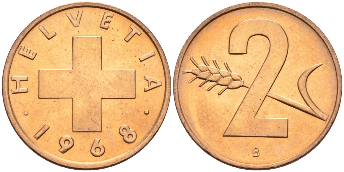 Швейцария 2 раппена 1968 В KM 47 бронза UNC 4573-1217