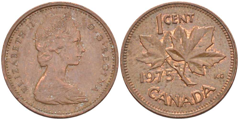 Канада 1 цент 1975 Елизавета II (1952-2022), кленовый лист KM 59.1 бронза 54-259