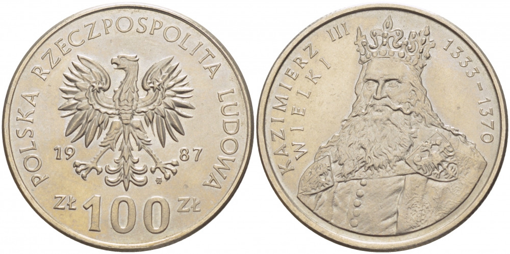 Польша 100 злотых 1987 MW, серия Польские короли, король Казимир III Великий (1333-1370) KM 167 медно-никель 3996-114