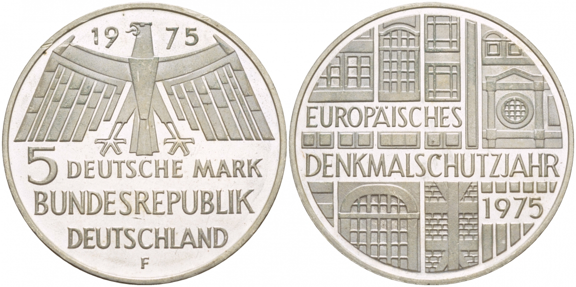 ФРГ 5 марок 1975 F, Европейский год охраны памятников J. 417, KM 142.1 серебро PROOF 4545-1142