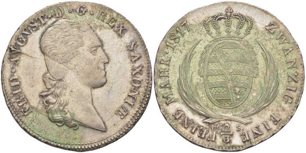 Саксония 2/3 талера 1817 IGS, Фридрих Август I (1806-1827) KM 1052, Jaeger 21, AKS 32, Kahnt 413 серебро 00-000-00