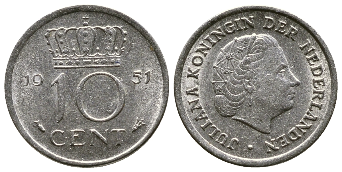 Нидерланды 10 центов 1951 Юлиана (1949-1980) KM 182 никель 3334-414