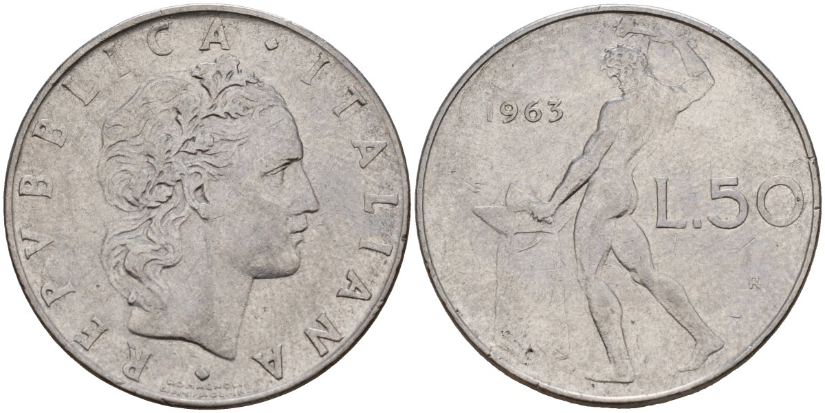 Италия 50 лир 1963 R, бог Вулкан у наковальни KM 95.1 нержавеющая сталь 4156-726
