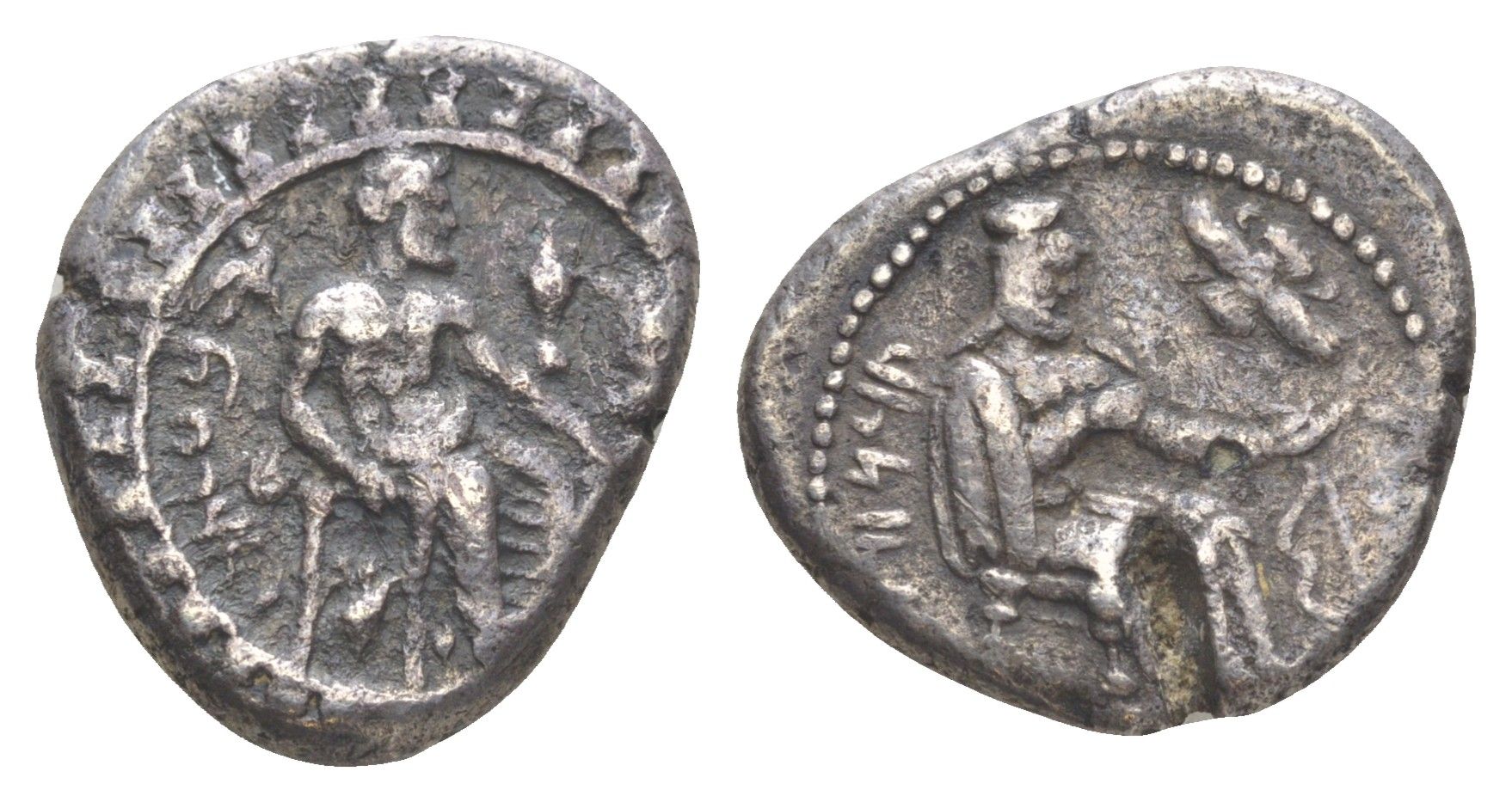 Киликия, Тарс статер 378-362 гг. до н.э. персидский сатрап Датам, Баал на троне, держит виноградную гроздь/сатрап на троне, держит стрелу, справа лук, крылатый солнечный диск (Фаравахар-символ зороастризма), 9,95 гр BMC 32 серебро 00-814-23