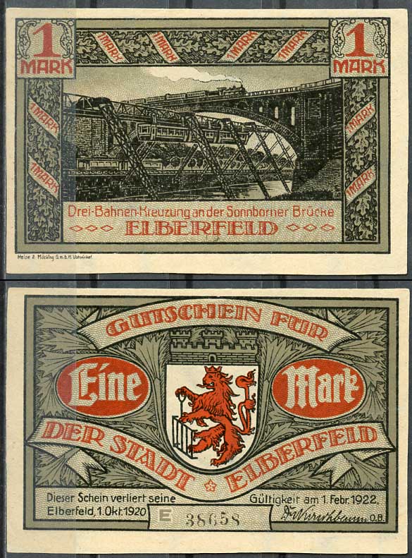 Германия, Эльберфельд 1 марка 1922 нотгельд, городские виды, серая Mehl 324.1 бумага UNC (пресс) 00-00