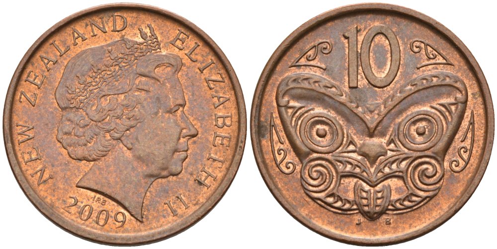 Новая Зеландия 10 центов 2009 маска Маори, Елизавета II (1952-) KM 117а сталь плакированная медью 4179-922