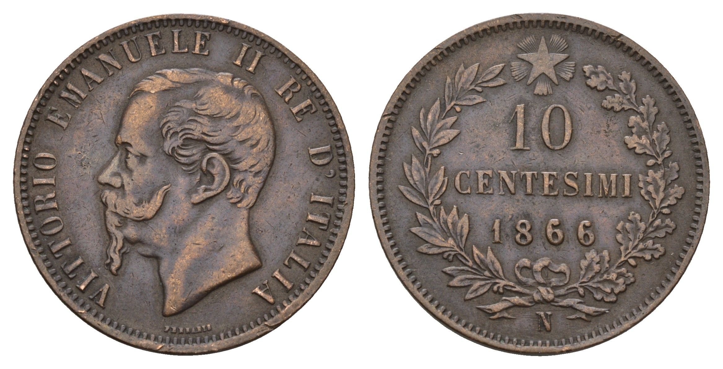 Италия 10 чентезимо 1866 N, Виктор Эммануил II (1861-1878) KM 11 медь 180-713