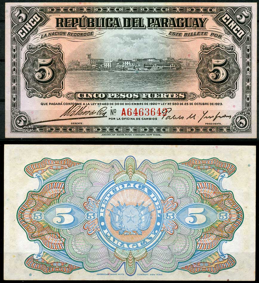Парагвай 5 песо 1923 Асунсьон, Oficina de Cambios, Mariano B. Moreschi & Pablo M. Insfran Pick 149 a (3)  бумага  aUNC 000-00-00