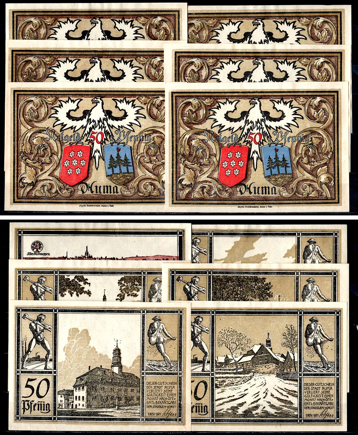 Аума (Тюрингия) полный набор из 6 нотгельдов (50 пфеннигов) 1921 Mehl Grabowski 55.4a бумага UNC (пресс) 7556-46-2-1