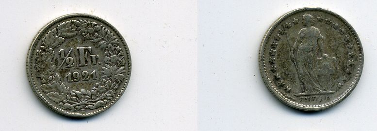 Швейцария 1/2 франка 1921 В KM 23 серебро 36-854