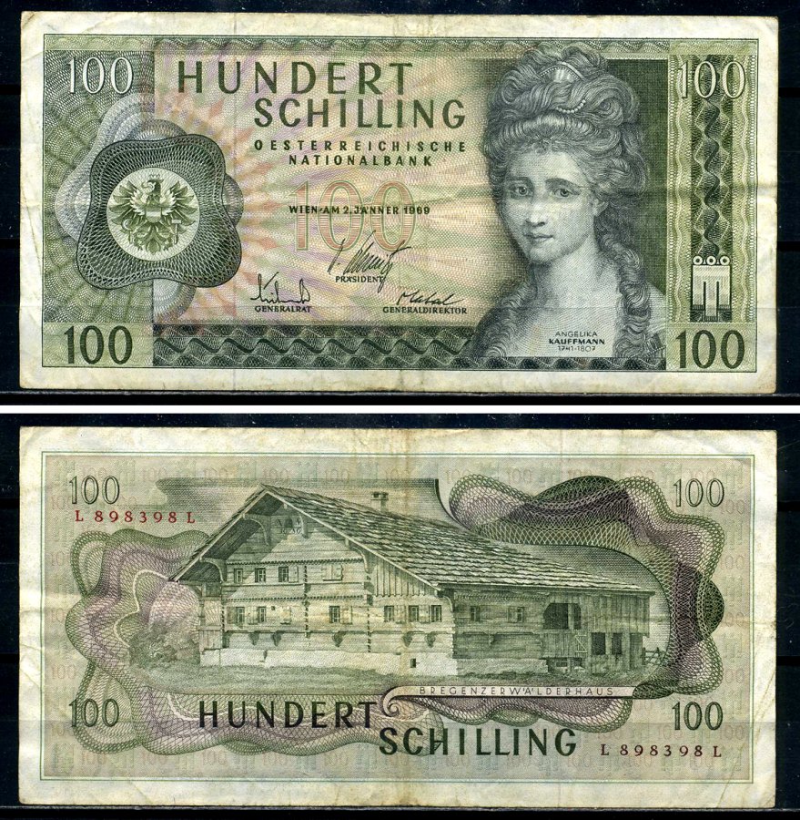 Австрия 100 шиллингов 1969 Анжелика Кауфманн, "Монфор" герб Форарльберга Pick 145a бумага 8590-3-2-2