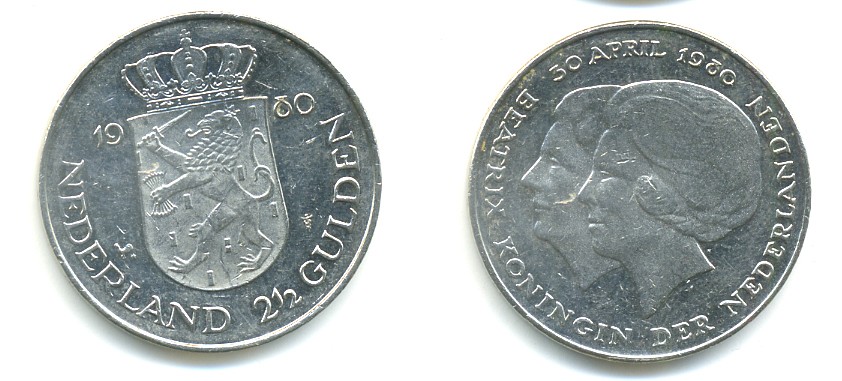 Нидерланды 2 1/2 гульдена 1980 коронация Беатрикс, 30 апреля 1980 KM 201 никель 84-1224