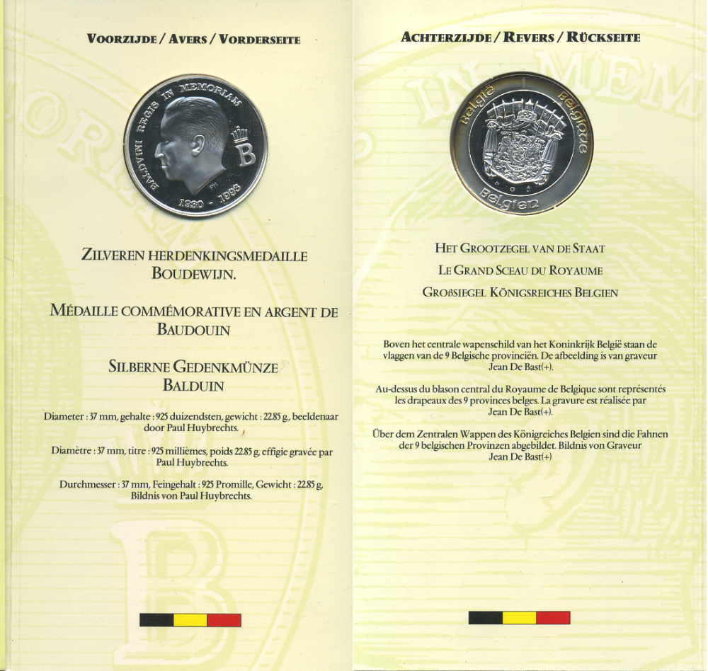 БЕЛЬГИЯ МЕДАЛЬ 1993 МЕМОРИАЛ В ЧЕСТЬ КОРОЛЯ БОЛДУИНА (1930-1993), В ОРИГИНАЛЬНОМ БУКЛЕТЕ, ДИАМЕТР 37 ММ., ВЕС 22,85 ГР. серебро PROOF 6-6-2-27