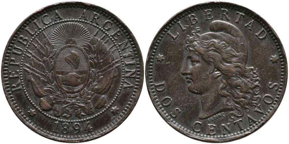 Аргентина 2 сентаво 1894 голова свободы влево KM 8 бронза 4531-1213