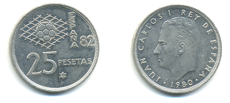 Испания 25 песет 1980 (80) чемпионат мира по футболу KM 818 медно-никель 89-1426