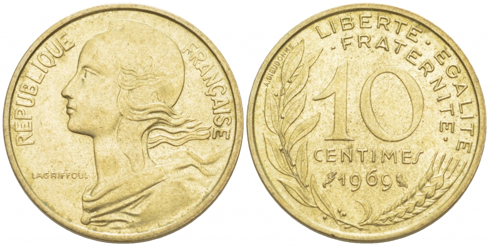 ФРАНЦИЯ 10 САНТИМОВ 1969 ТИП MARIANNE KM 929 медь алюминий никель 4516-842