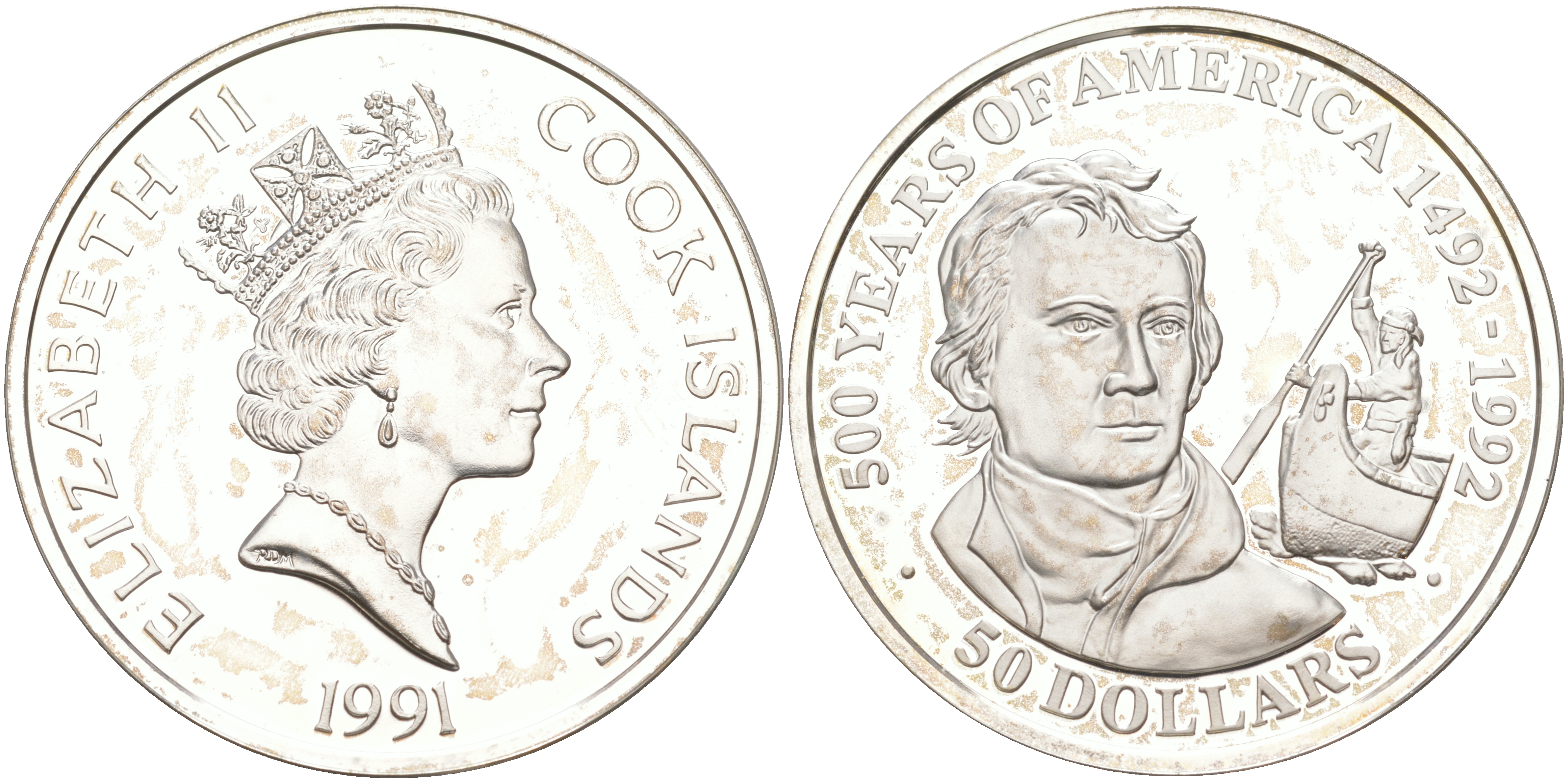 ОСТРОВА КУКА 50 ДОЛЛАРОВ 1991 500 ЛЕТ ОТКРЫТИЮ АМЕРИКИ, АЛЕКСАНДР МАККЕНЗИ, ФИГУРА НА КАНОЭ, ВЕС 31,1035 ГР. KM 141 серебро PROOF 1074-7-24