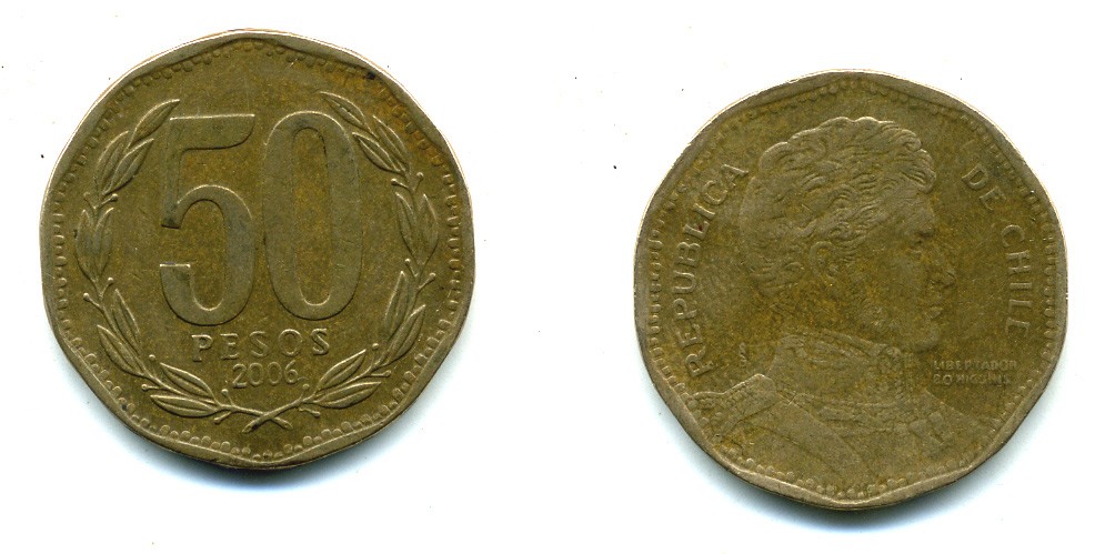 Чили 50 песо 2006 Бернардо О’Хиггинс KM 219.2 алюминиевая бронза 35-341