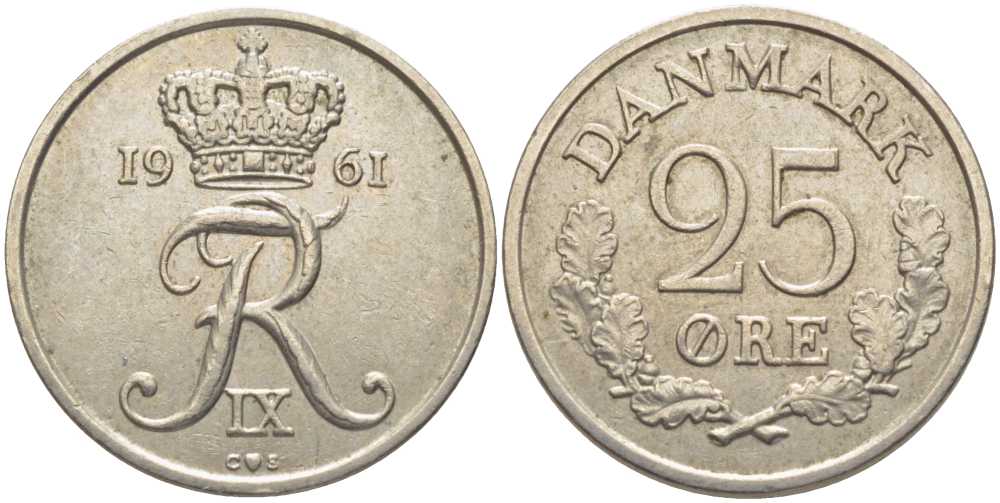 ДАНИЯ 25 ЭРЕ 1961 С;S, ФРЕДЕРИК IX (1947-1972) KM 850 медно-никель 202-726