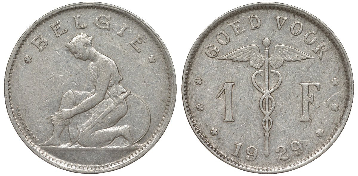 Бельгия 1 франк 1929 Belgie KM 90 никель 51-1751