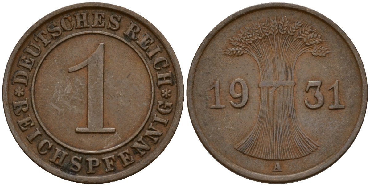 Германия 1 рейхспфенниг 1931 A KM 37, J. 313 бронза 192-961