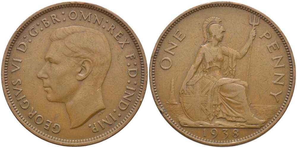 Великобритания 1 пенни 1938 Георг VI (1936-1952) КМ 845, Spink 4114 бронза 115-336