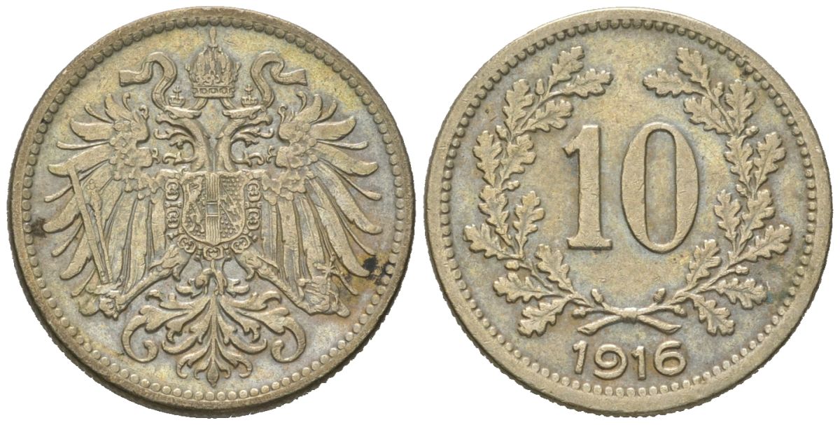 Австрия 10 геллеров 1916 Франц Иосиф I (1848-1916), императорский герб KM 2822 медь цинк никель 192-315