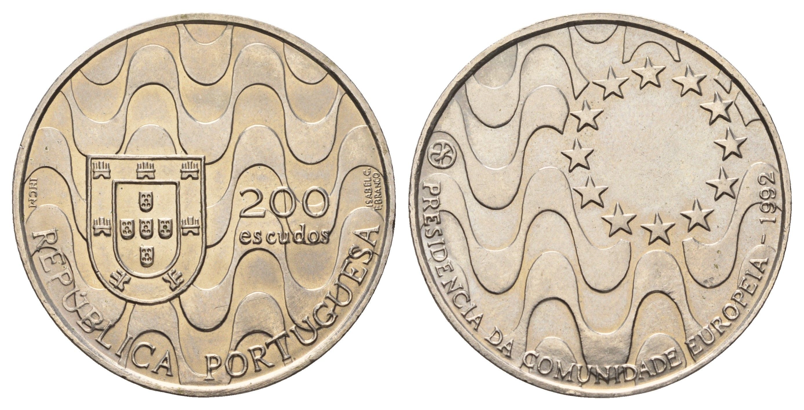 Португалия 200 эскудо 1992 Председательство Португалии в Евросоюзе KM 663 медно-никель UNC 74-834
