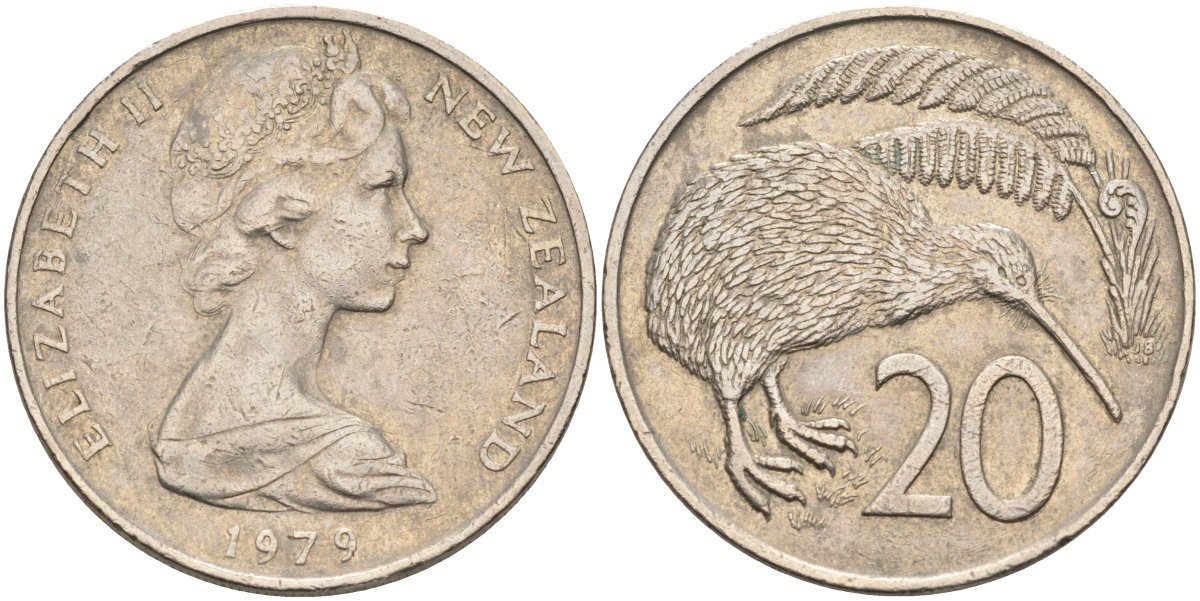 Новая Зеландия 20 центов 1979 Елизавета II (1952-2022), птичка киви KM 36.1 медно-никель 4131-1135