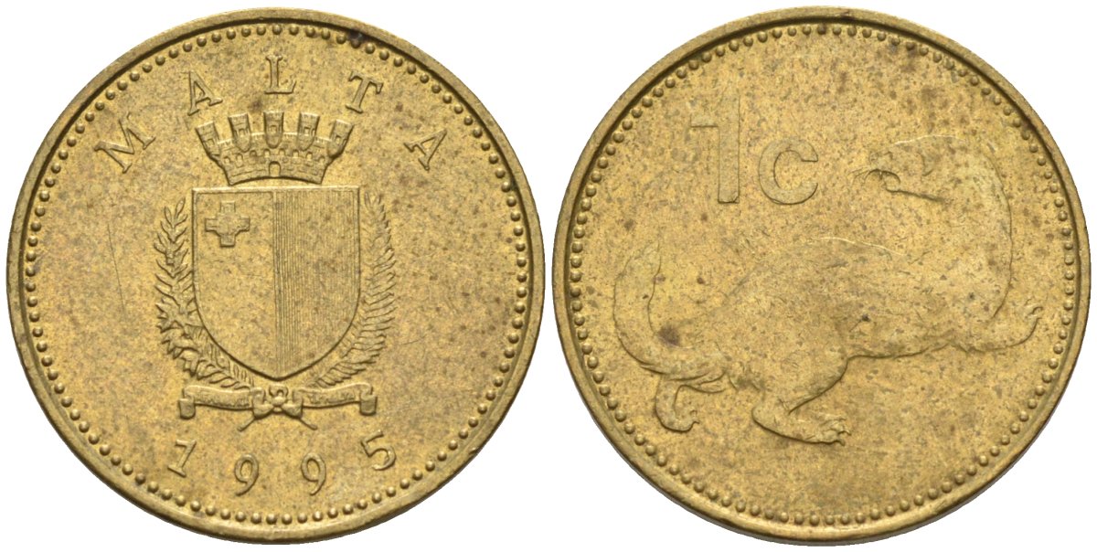 Мальта 1 цент 1995 ласка, горностай KM 93 никель латунь 4585-1225