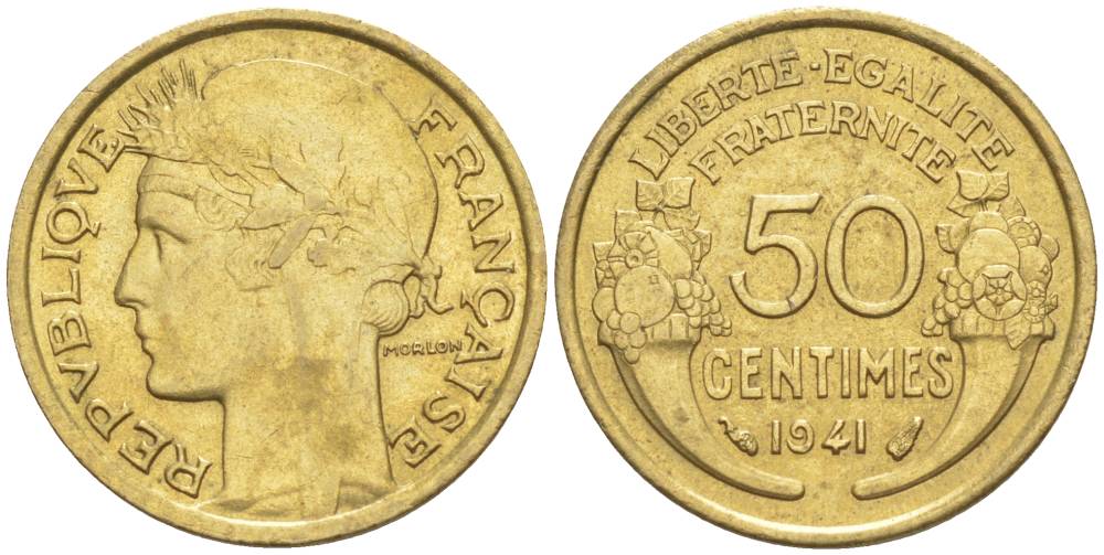 ФРАНЦИЯ 50 САНТИМОВ 1941 ТИП MORLON KM 894.1, LE FRANC 192.18 алюминиевая бронза 44-541