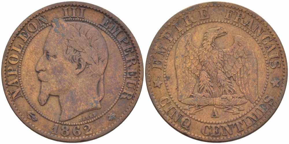 ФРАНЦИЯ 5 САНТИМОВ 1862 A, НАПОЛЕОН III (1852-1870) KM 797.1, LE FRANC 117.5 бронза 108-521