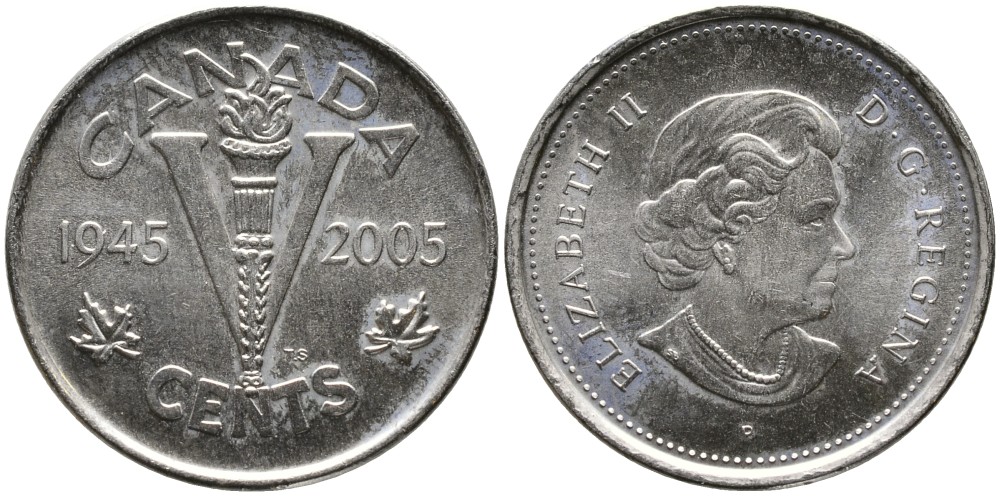 Канада 5 центов 2005 60 лет победы во Второй мировой войне KM 627 никель UNC 4543-721