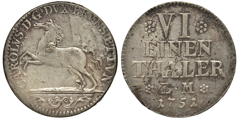 Брауншвейг-Вольфенбюттель 1/6 талера 1751 KM 930 серебро 00-00