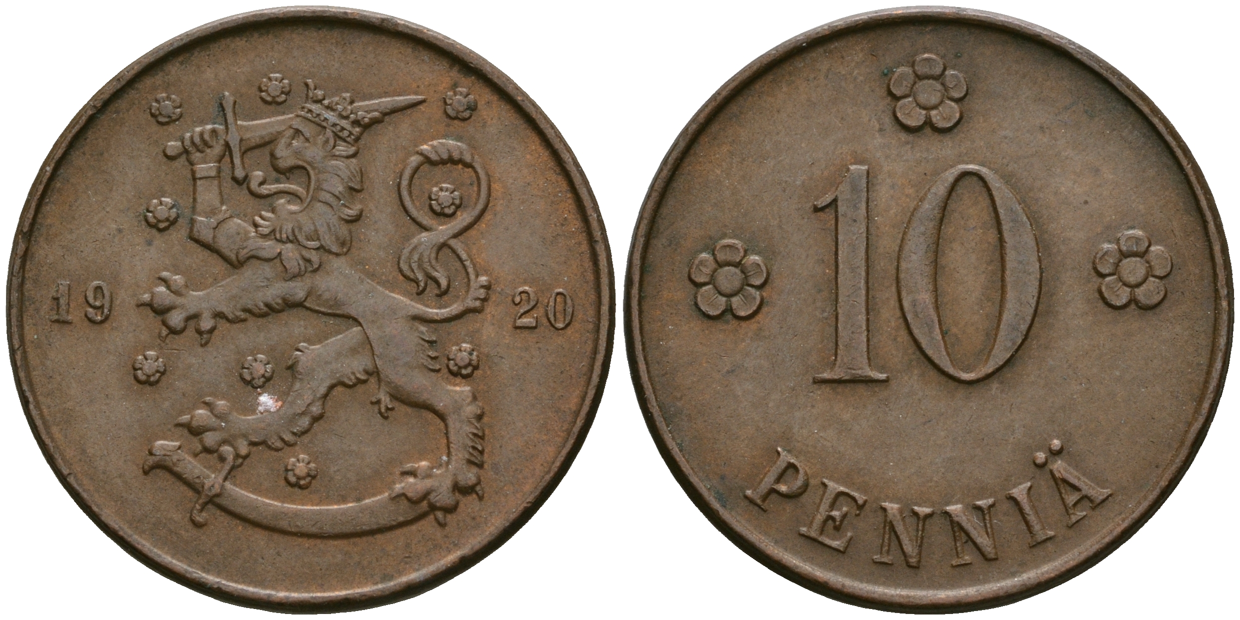 Финляндия 10 пенни 1920 республика (1918-1962) KM 24 медь 08-1047
