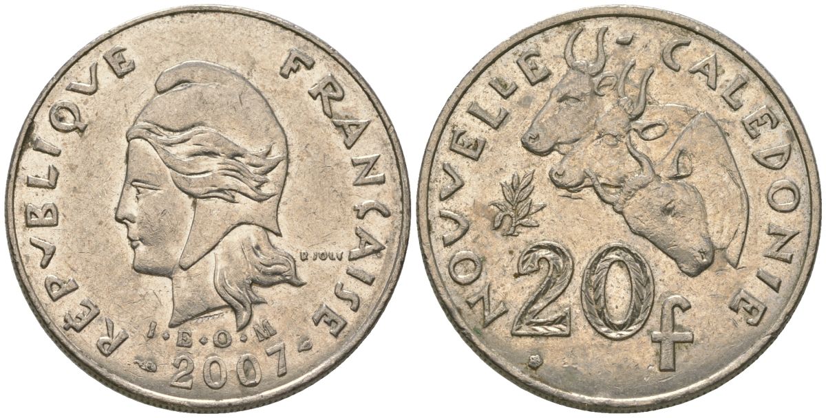 Французская Новая Каледония 20 франков 2003 три быка, (IEOM) KM 12, Schoen 14, Lec 115g никель 81-533